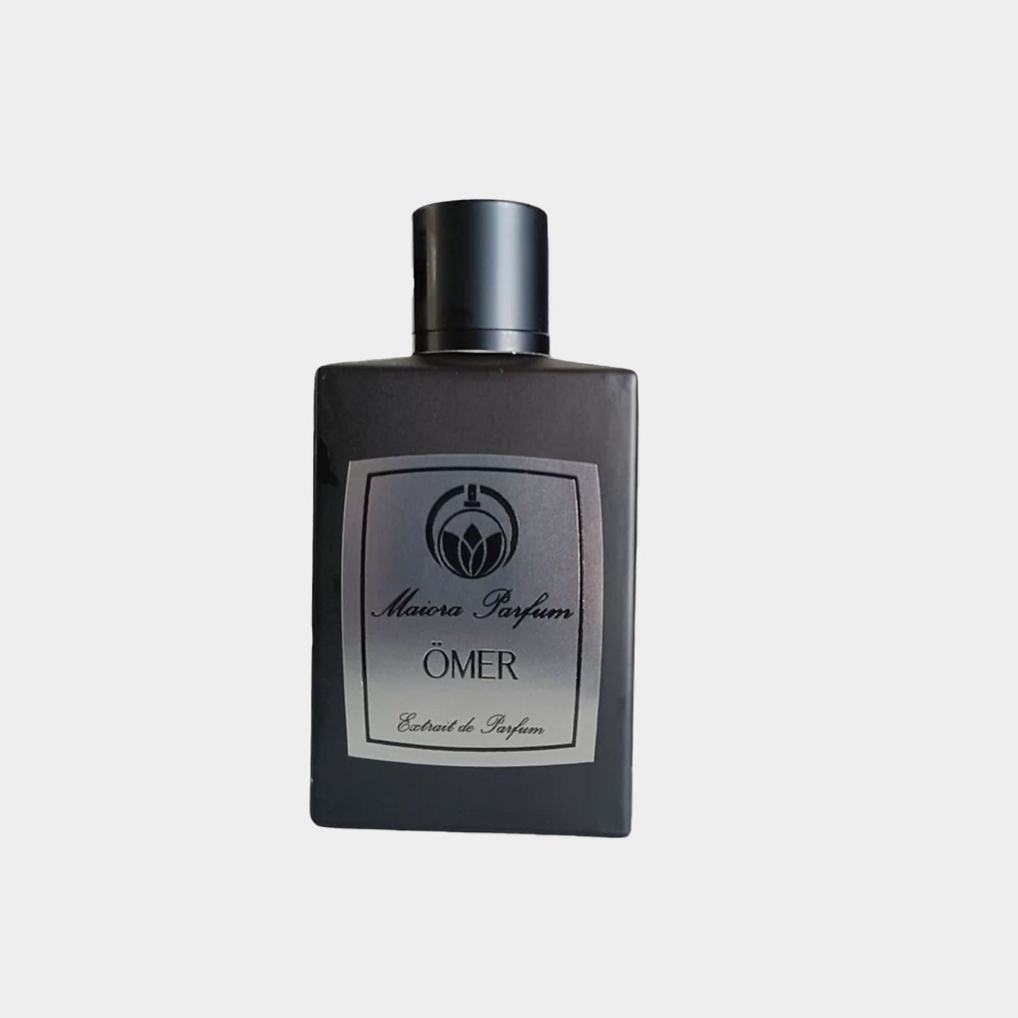 Maiora Ömer Sample, a sleek black perfume bottle with a silver label featuring the brand name and fragrance title, designed for perfume enthusiasts.