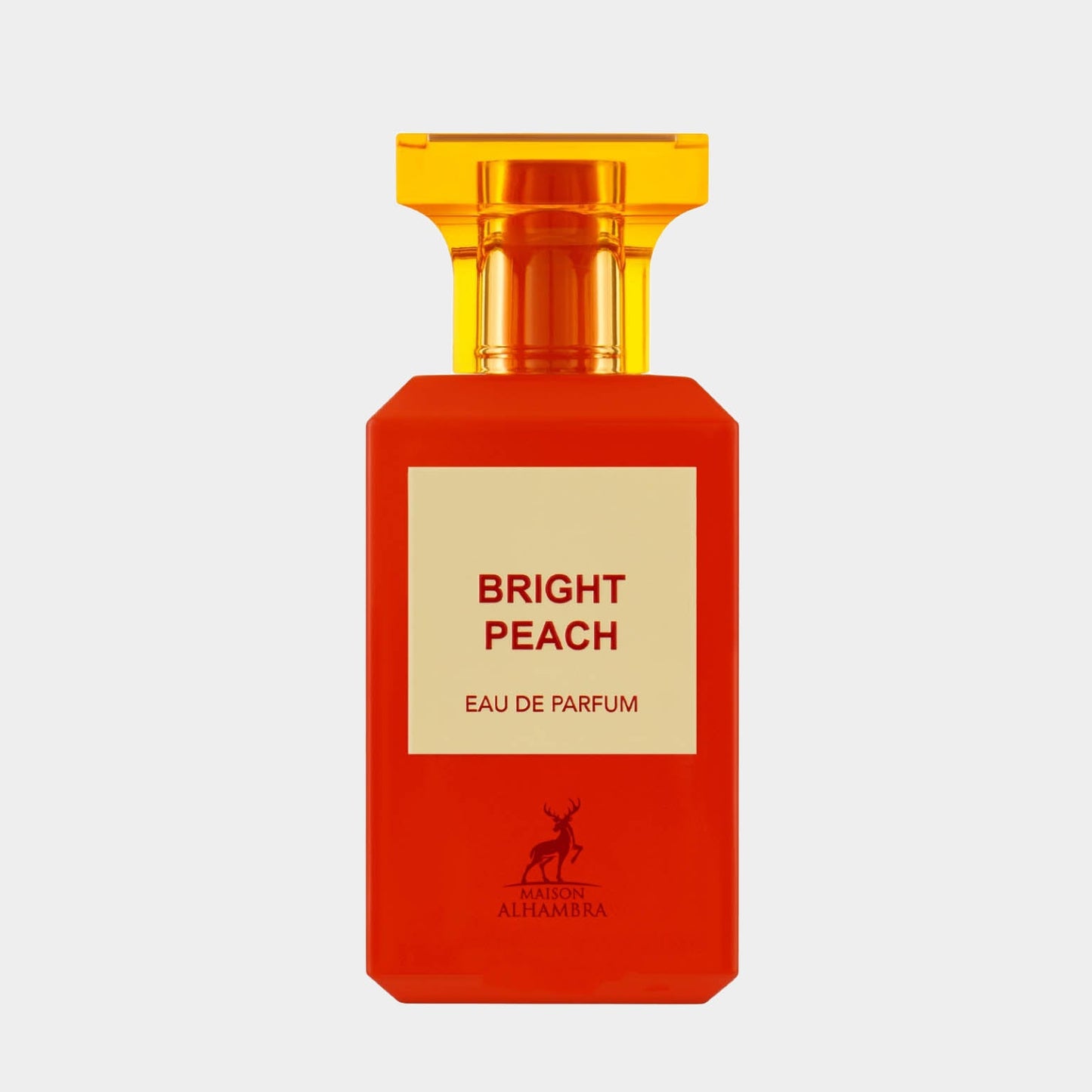 A vibrant orange perfume bottle labeled Bright Peach by Maison Alhambra, featuring a sleek design and a gold accent cap, representing a fruity and refreshing fragrance.