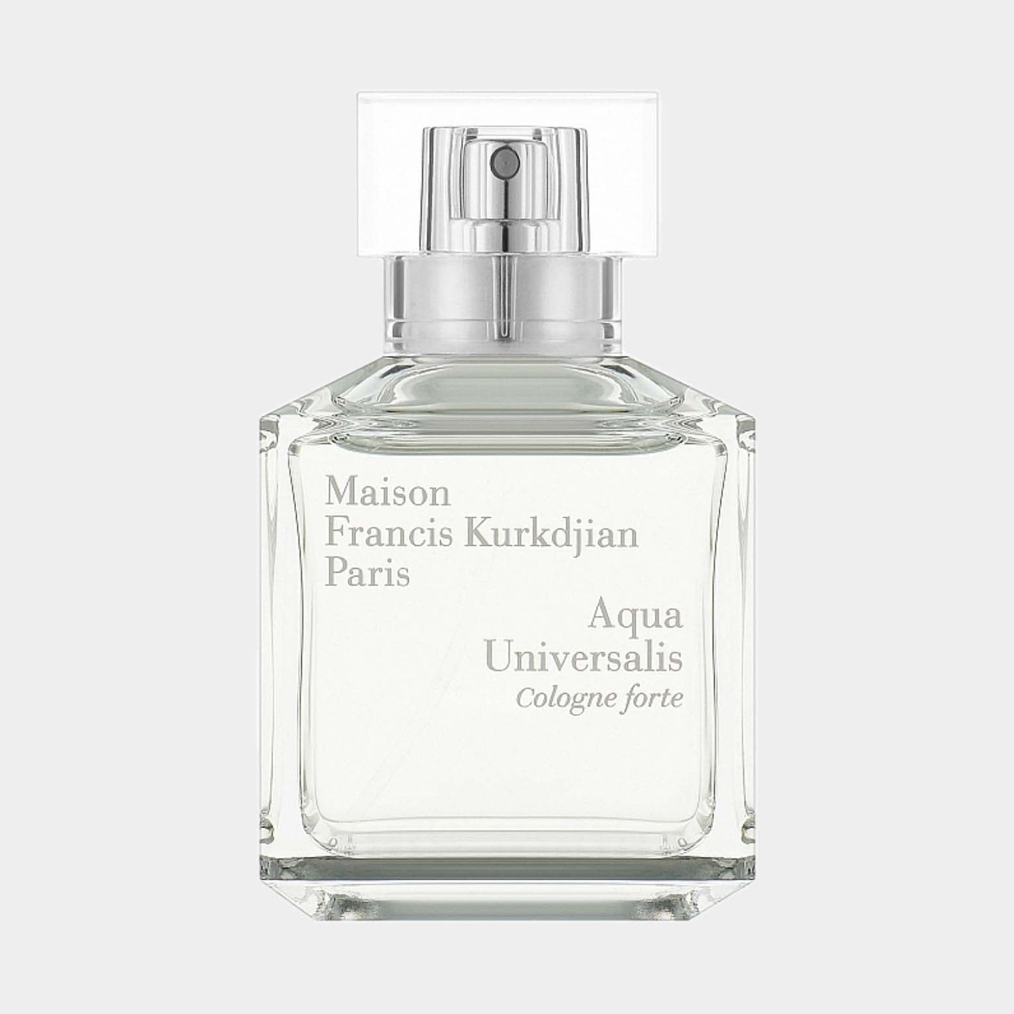 A clear glass sample bottle of Maison Francis Kurkdjian Aqua Universalis Cologne Forte, featuring a minimalist design and a silver spray nozzle. The label elegantly displays the brand name and fragrance title.