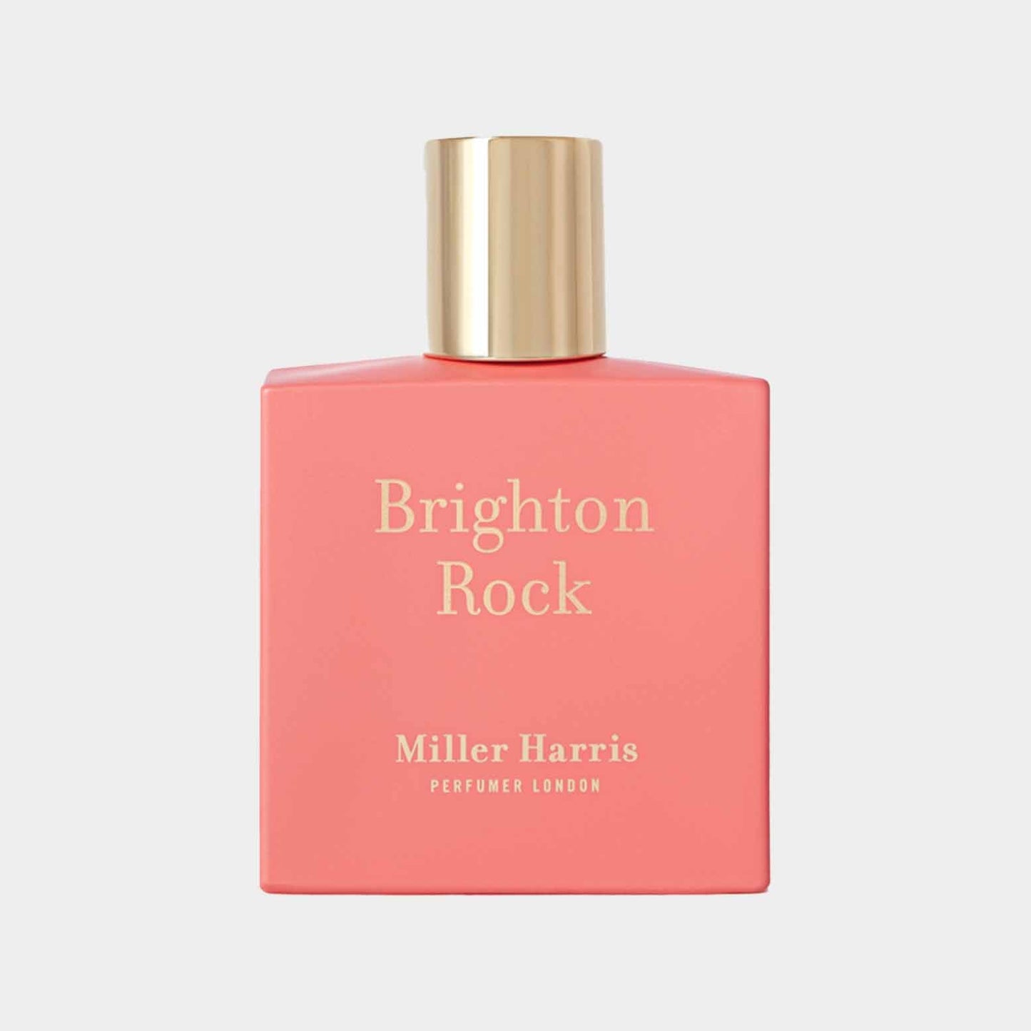 Miller Harris Brighton Rock Sample, featuring a sleek coral square bottle with a gold cap and elegant typography on the front.