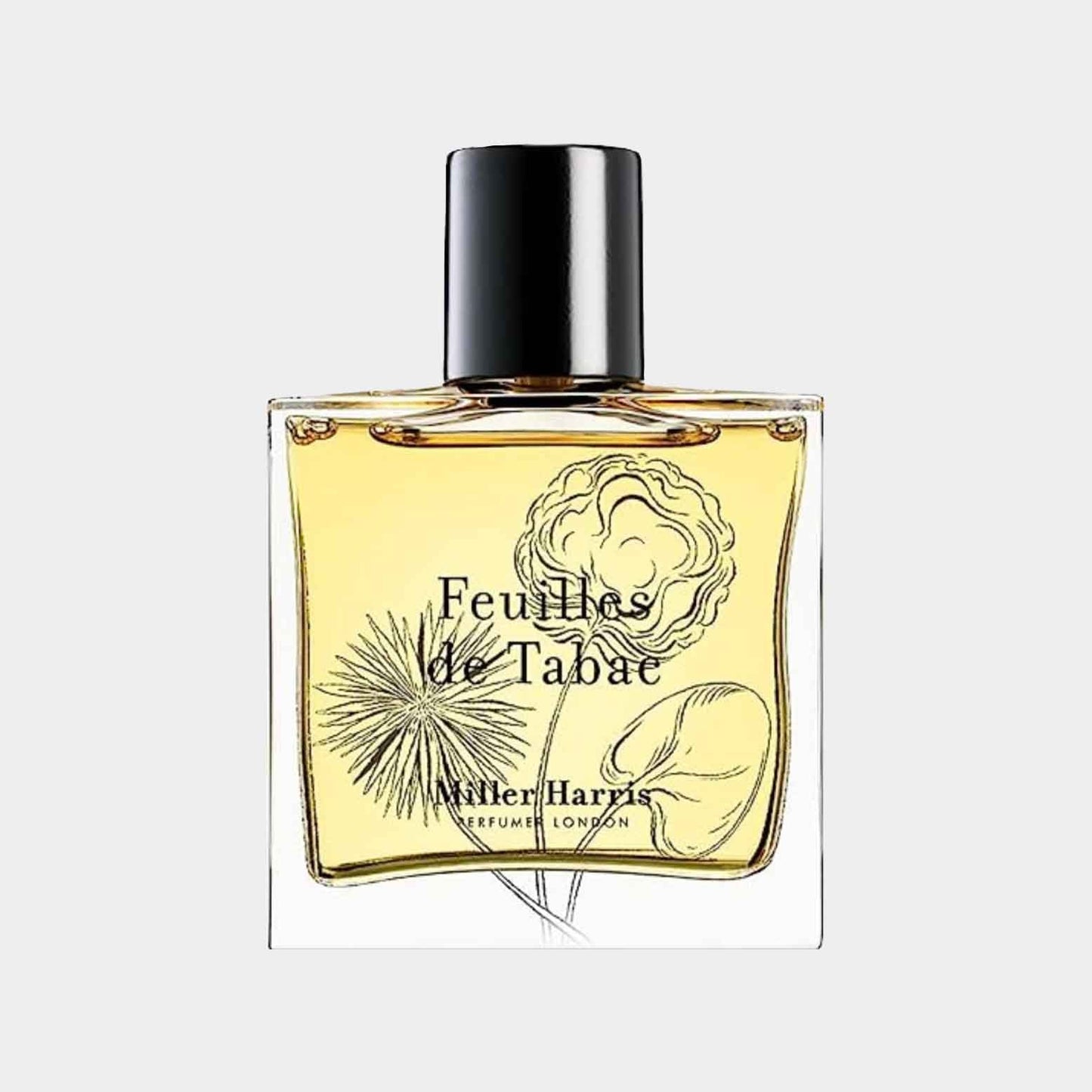 Miller Harris Feuilles de Tabac Sample is a small, elegantly designed perfume bottle featuring an intricate floral and botanical illustration. The fragrance inside has a warm, earthy scent profile.