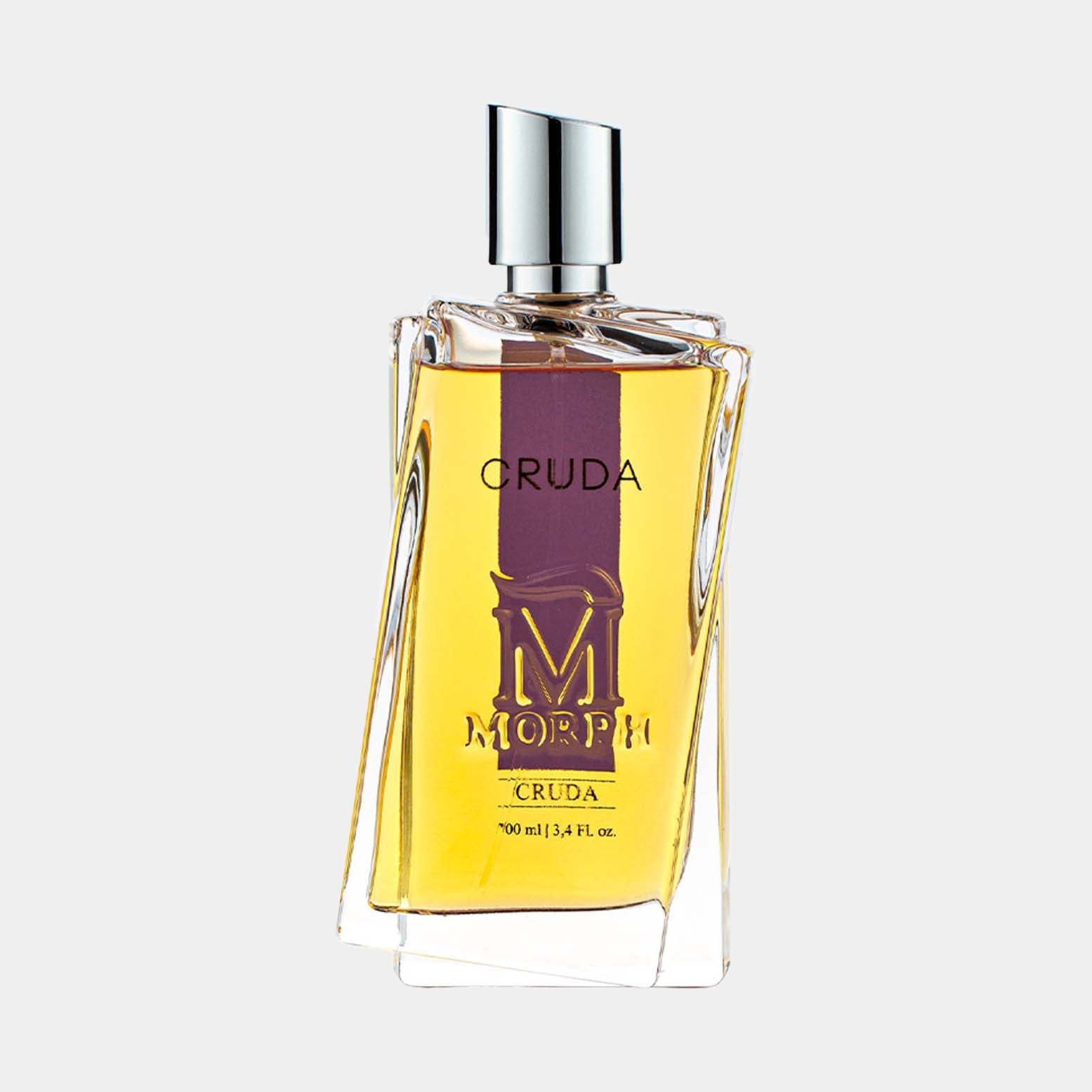 Morph Cruda Sample is a 100 ml perfume presented in an elegantly shaped glass bottle, featuring a striking design and a blend of rich, aromatic notes.