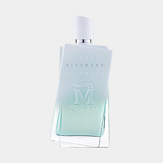 Morph Disumano Sample fragrance with an elegant frosted glass bottle showcasing a minimalist design and a gradient blue-green hue.