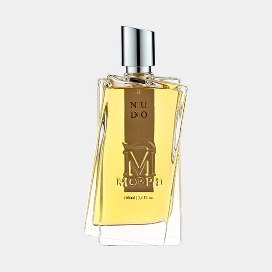 A full bottle of Morph Nudo fragrance, featuring a stylish, angular glass design and a metallic cap, containing 100 ml of a golden liquid perfume.