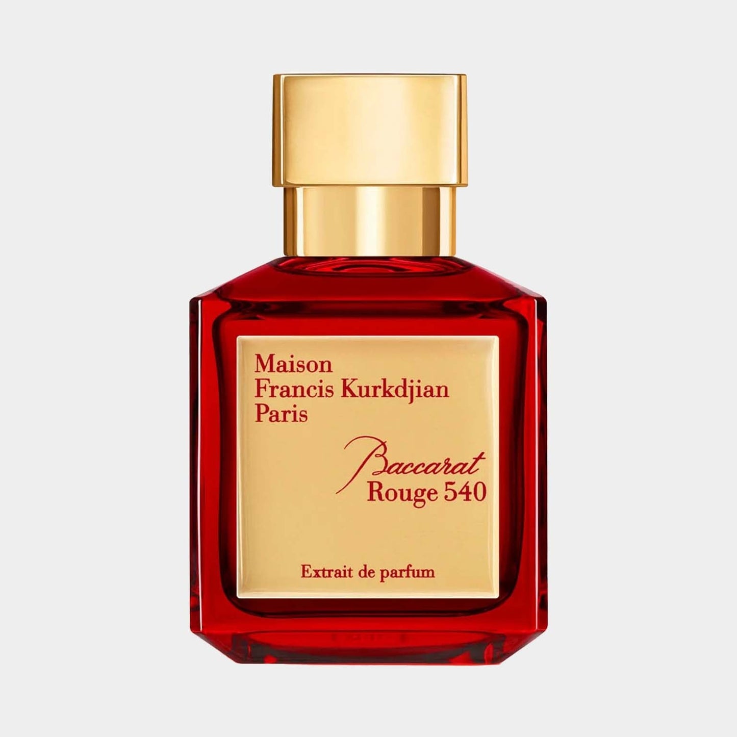 A luxurious red bottle of Maison Francis Kurkdjian Baccarat Rouge 540 EXDP Sample, featuring elegant gold labeling and a sleek design, evoking a sense of sophistication and refined fragrance.