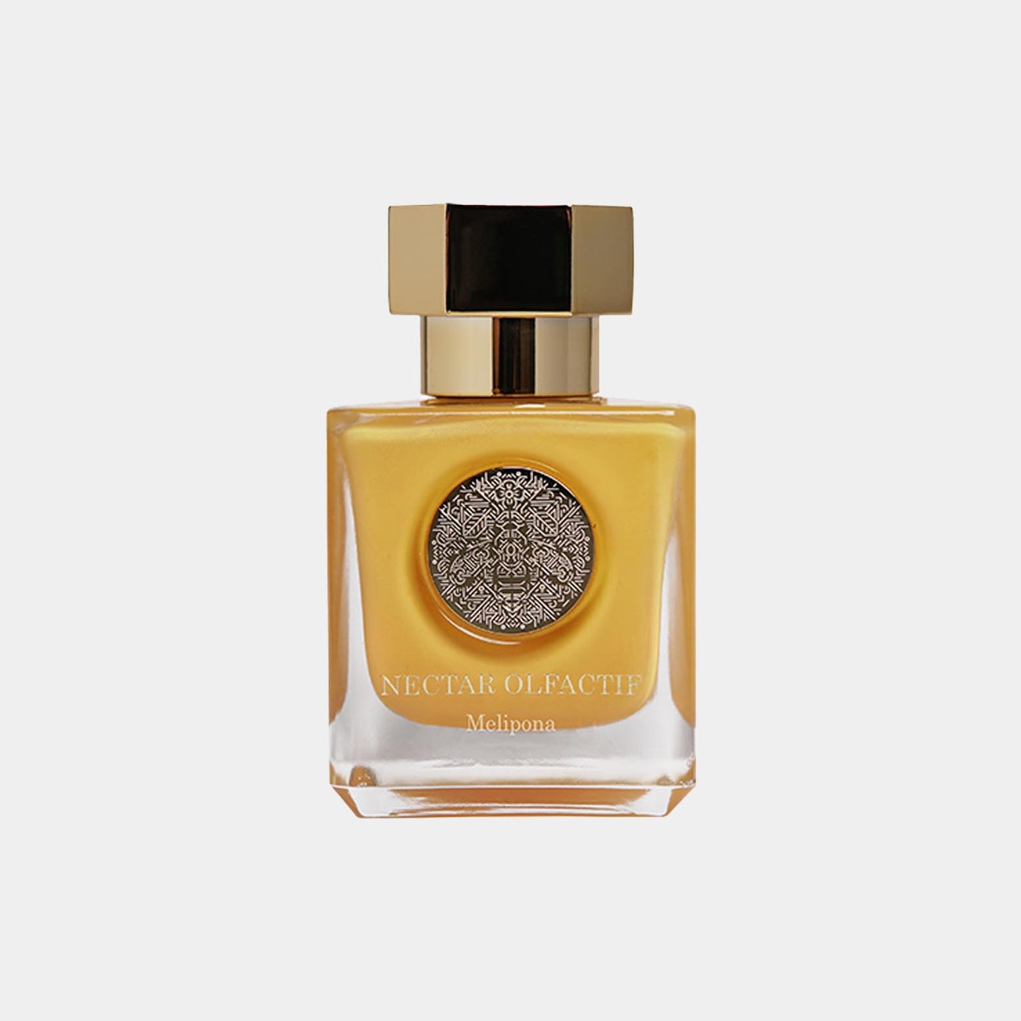 Nectar Olfactif Melipona Sample, featuring a square glass bottle with a decorative cap and a unique emblem on the front, showcasing a warm, amber-colored fragrance.