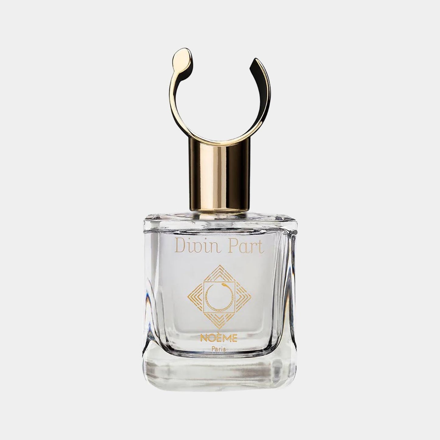 A full bottle of Noème Paris Divin Part fragrance, featuring an elegant glass design with a gold and white label, topped with a distinctive gold cap. The bottle embodies sophistication and luxury, showcasing the premium nature of the scent inside.