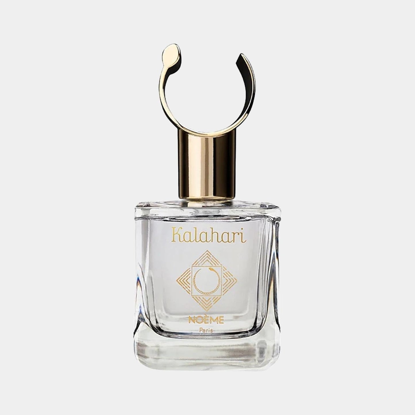 A sleek glass bottle of Noème Paris Kalahari Sample, featuring a minimalist design with a gold cap and elegant branding. The bottle showcases a chic, modern aesthetic perfect for fragrance enthusiasts.