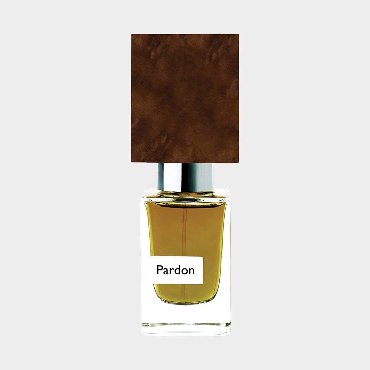 A small glass bottle of Nasomatto Pardon Sample perfume, featuring a distinctive wooden cap and a label with the word Pardon. The amber-colored fragrance is visible inside the bottle.