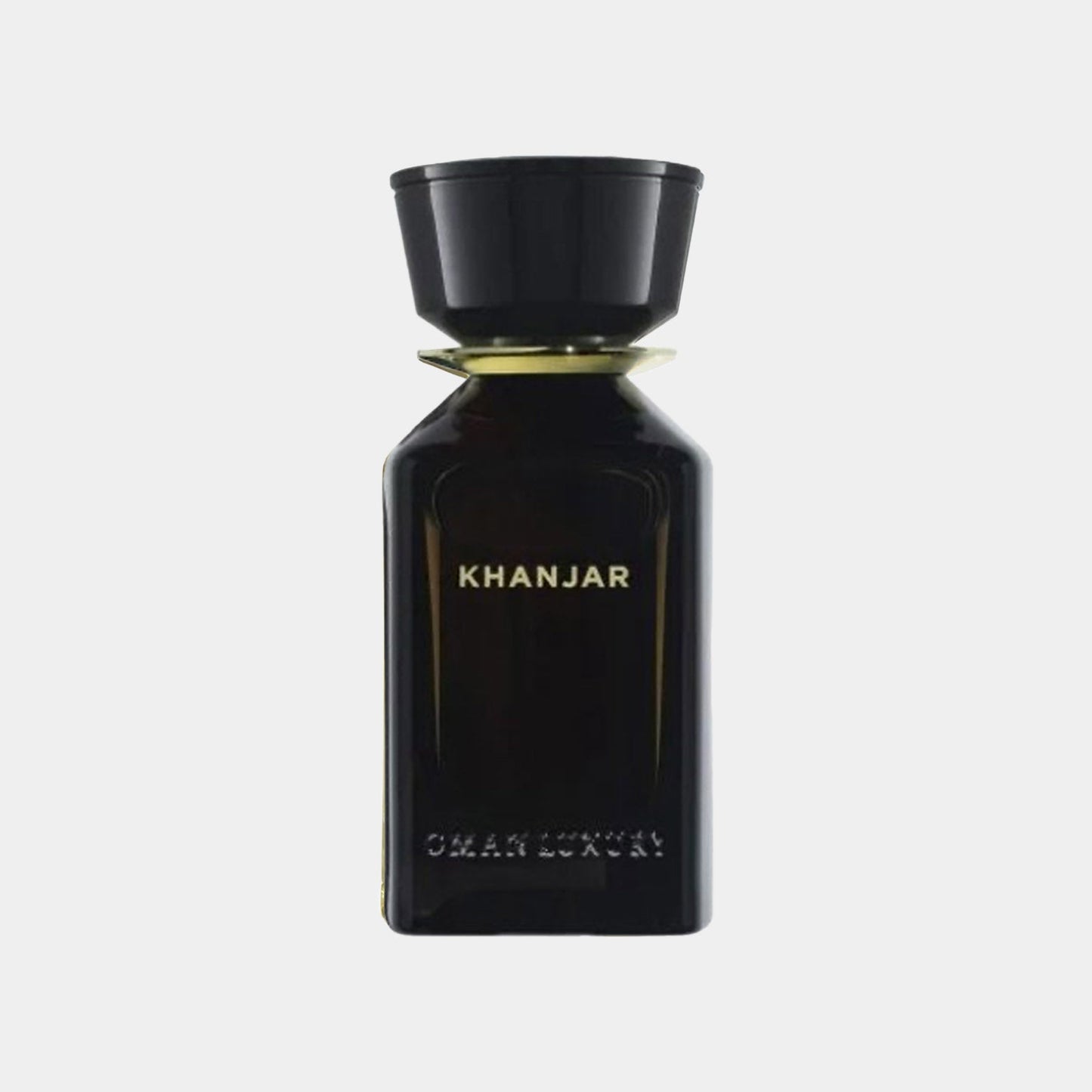 A sleek black perfume bottle labeled KHANJAR by Omanluxury, showcasing a modern design with a wide cap and elegant lettering.