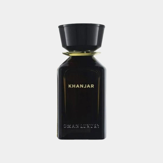A sleek black perfume bottle labeled KHANJAR by Omanluxury, showcasing a modern design with a wide cap and elegant lettering.