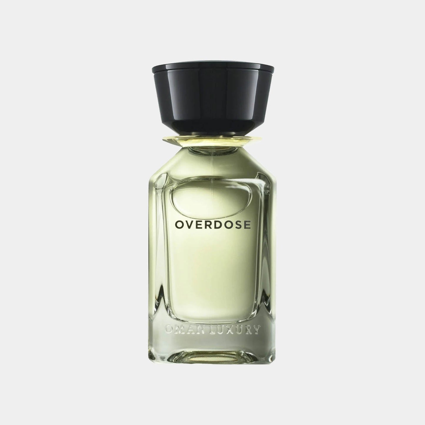 A sleek glass bottle of Omanluxury Overdose Sample perfume, featuring a minimalist design with a black cap and the word OVERDOSE elegantly displayed on the front.