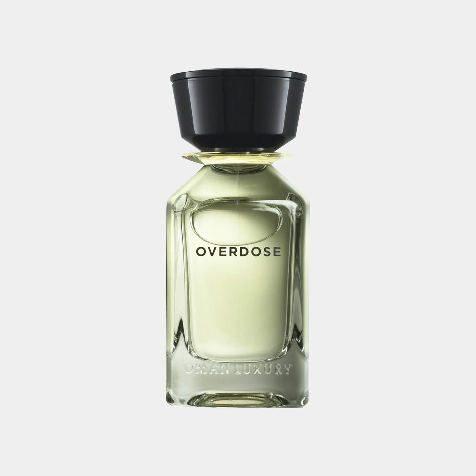 A sleek glass bottle of Omanluxury Overdose Sample perfume, featuring a minimalist design with a black cap and the word OVERDOSE elegantly displayed on the front.