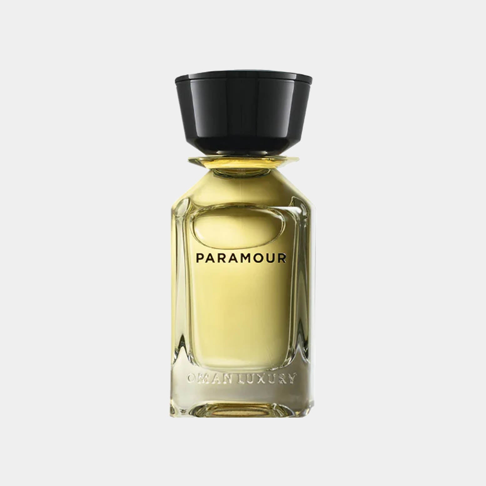 Omanluxury Paramour Sample, a sleek glass perfume bottle with a black cap, featuring a golden yellow fragrance.