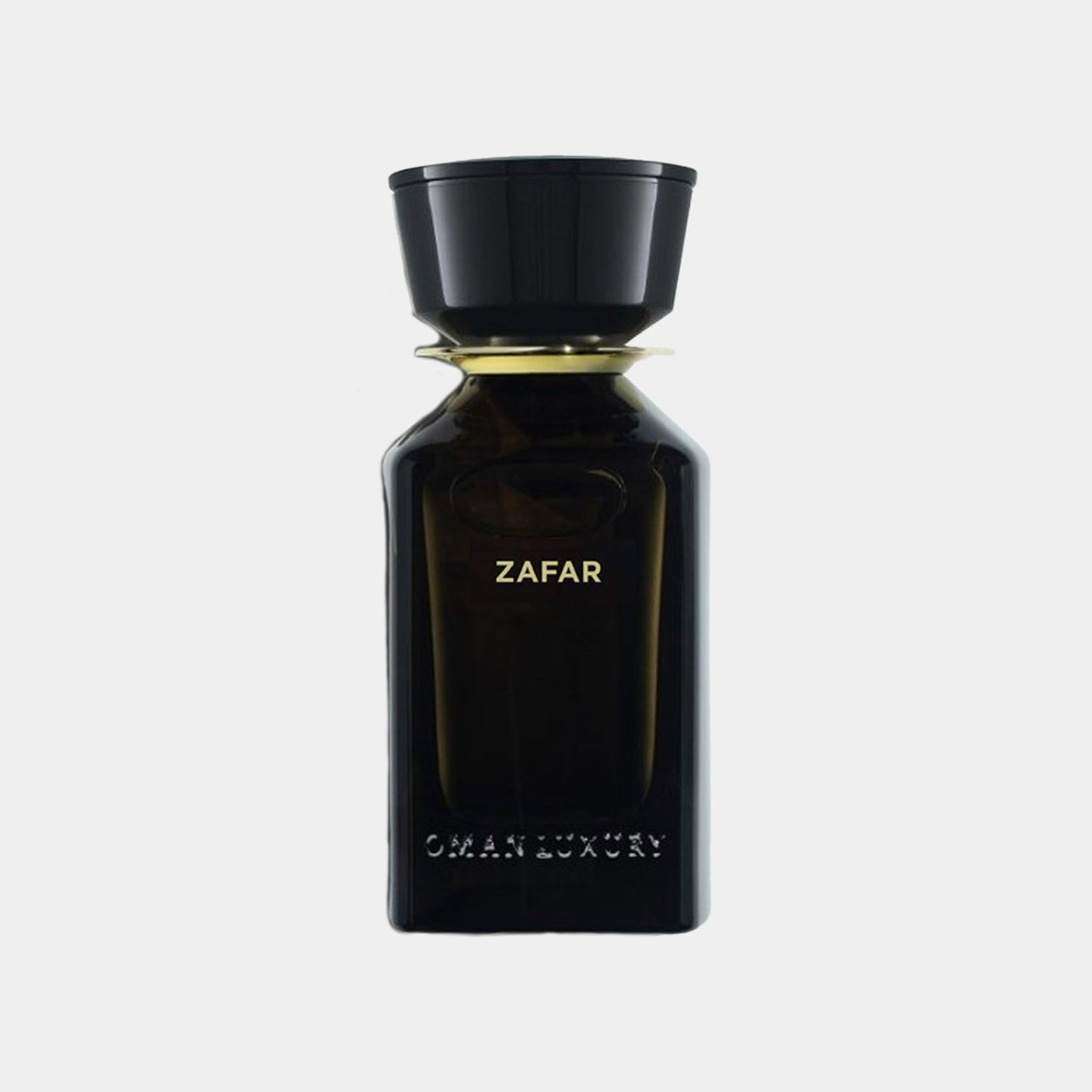 A full bottle of Omanluxury Zafar perfume, featuring an elegant dark glass design with a sleek black cap and the brand name Oman Luxury embossed at the bottom.