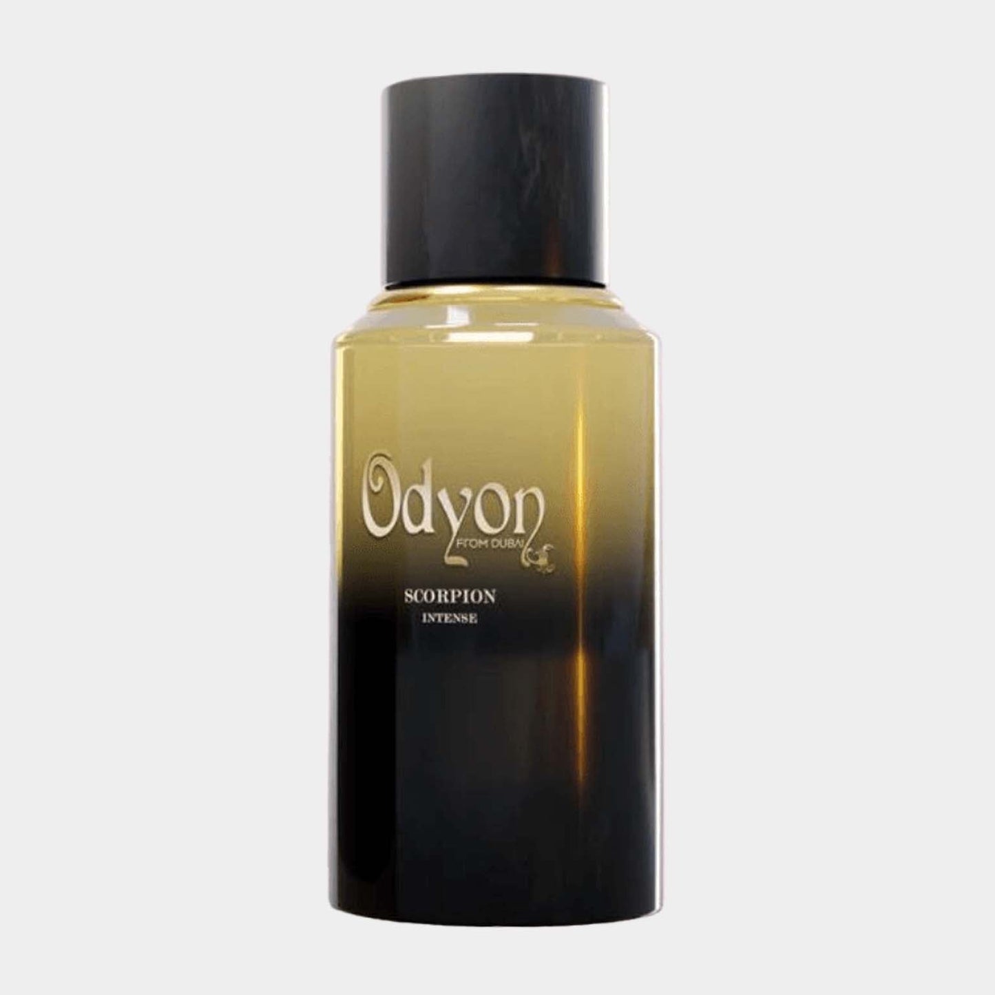 Odyon Dubai Scorpion Intense Sample, featuring an elegant black and gold bottle design that captures the essence of luxury fragrance.