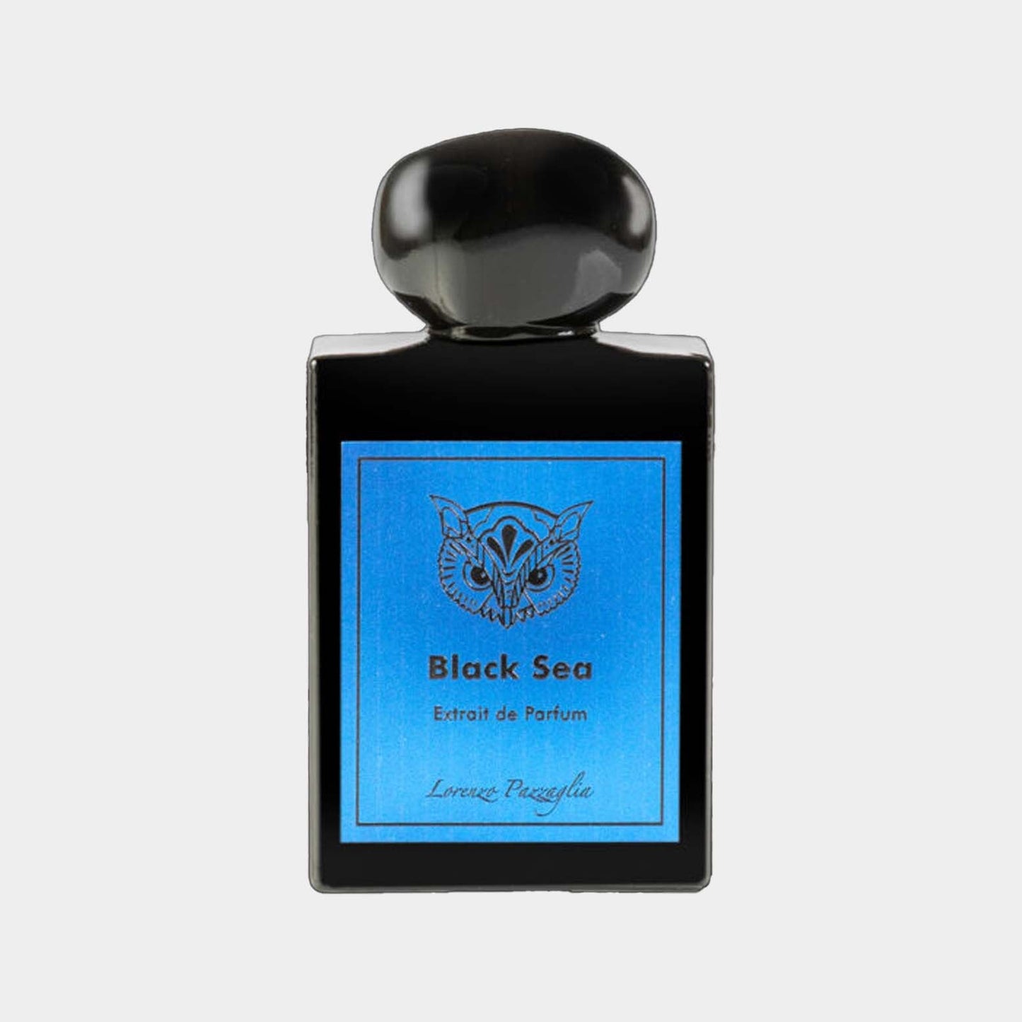 A sleek black perfume bottle with a bold blue label that reads Black Sea by Lorenzo Pazzaglia, designed with an elegant cap for a luxurious look.
