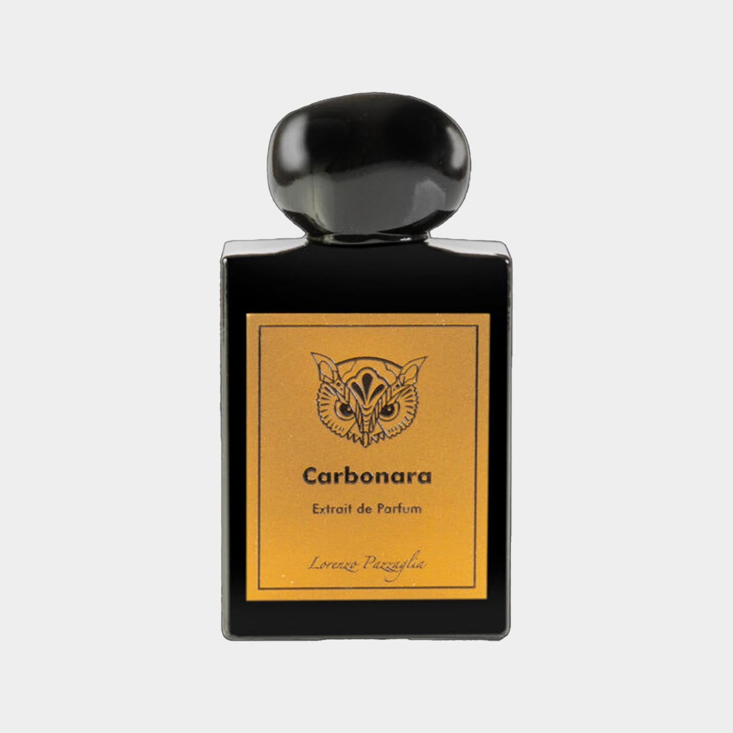 A full bottle of Lorenzo Pazzaglia Carbonara fragrance, featuring a sleek black design with a golden label that reads Carbonara Extrait de Parfum.