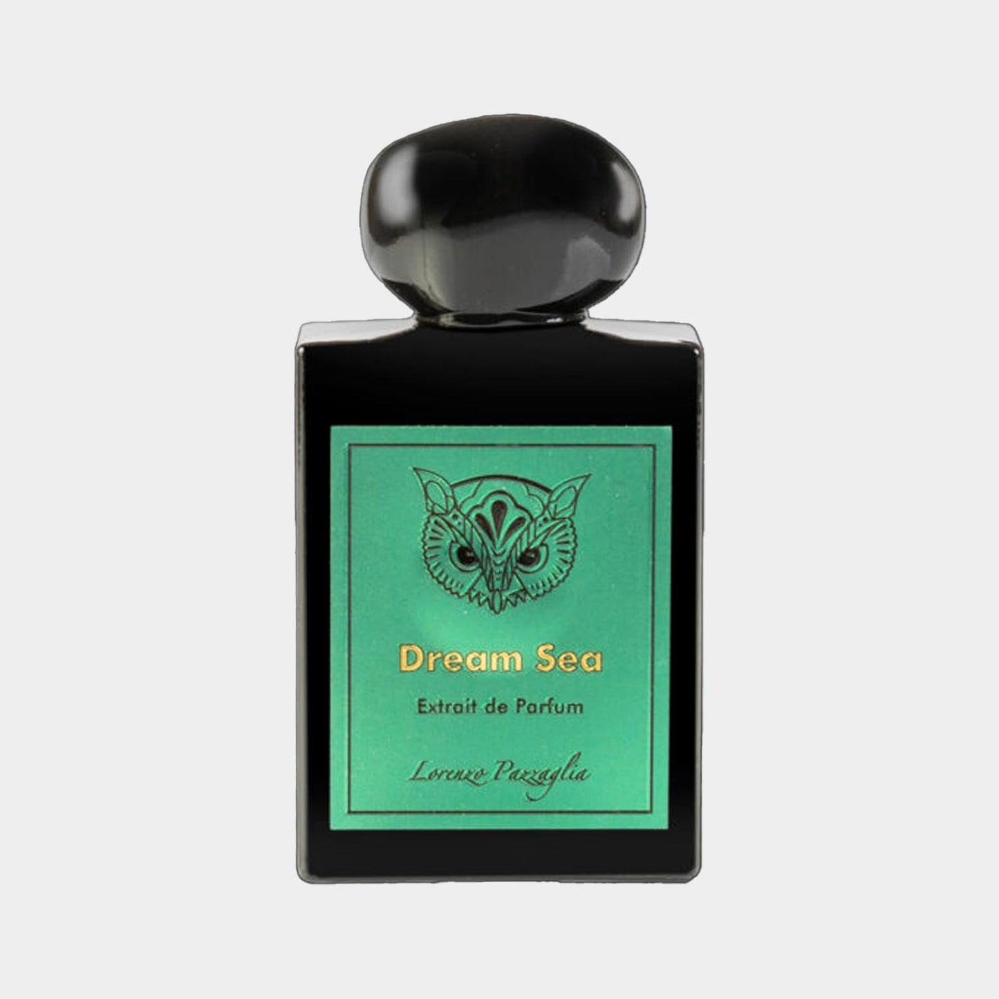 A full bottle of Lorenzo Pazzaglia Dream Sea, featuring a sleek black rectangular design with a vivid green label adorned with an owl motif and gold text.