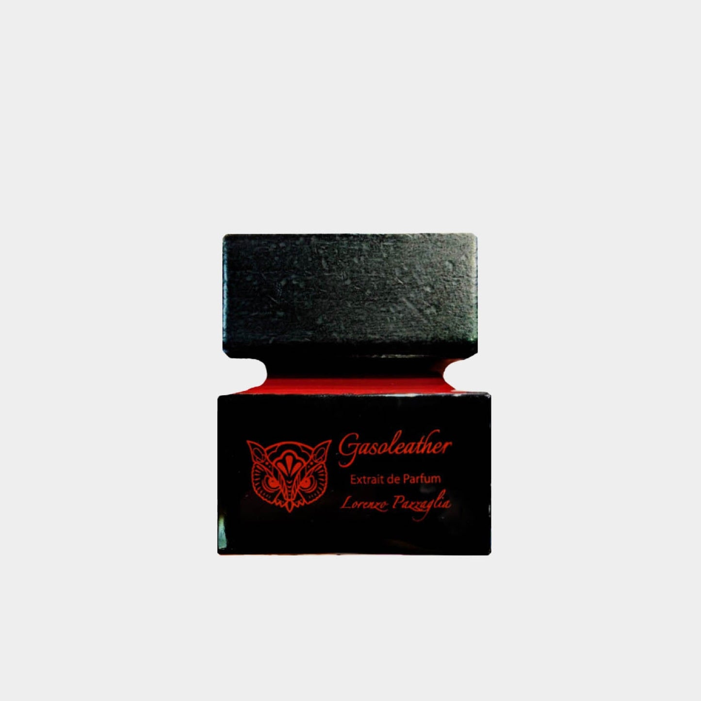 A full bottle of Lorenzo Pazzaglia Gasoleather, featuring a sleek black design with elegant red accents, showcasing its luxurious extrait de parfum label.