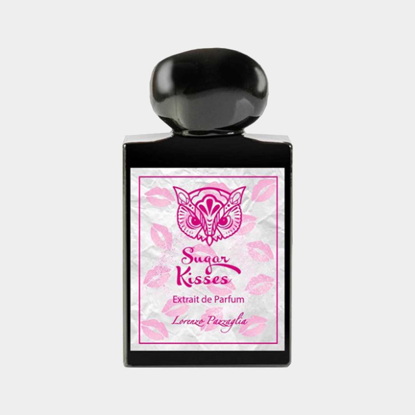 A sleek black bottle labeled Sugar Kisses by Lorenzo Pazzaglia, featuring a whimsical pink logo and artistic kiss markings on a textured background, designed for extrait de parfum.