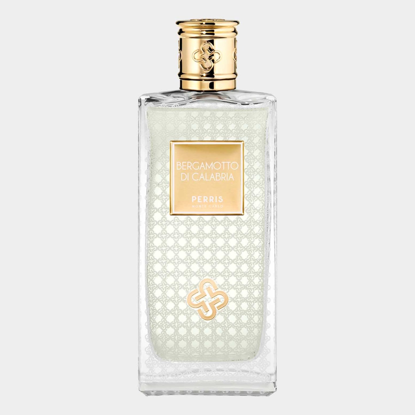 A full bottle of Perris Monte Carlo Bergamotto di Calabria, featuring an elegant glass design with a gold cap and a decorative label showcasing its name. The fragrance has a light, refreshing color that suggests a citrus scent.