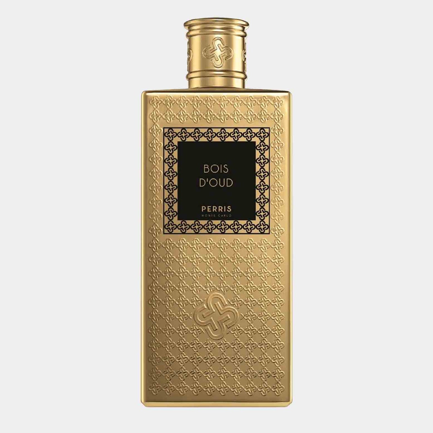 A luxurious golden bottle of Perris Monte Carlo Bois D'Oud sample perfume, featuring an ornate design and a prominent black label with the fragrance name. The elegant packaging reflects the richness of the scent inside.