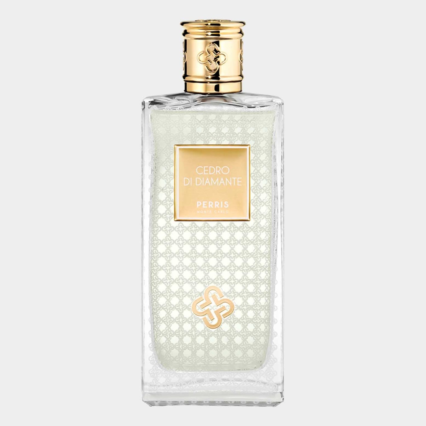 A full bottle of Perris Monte Carlo Cedro di Diamante fragrance, featuring an elegant clear glass design with a textured pattern and a gold accent label.