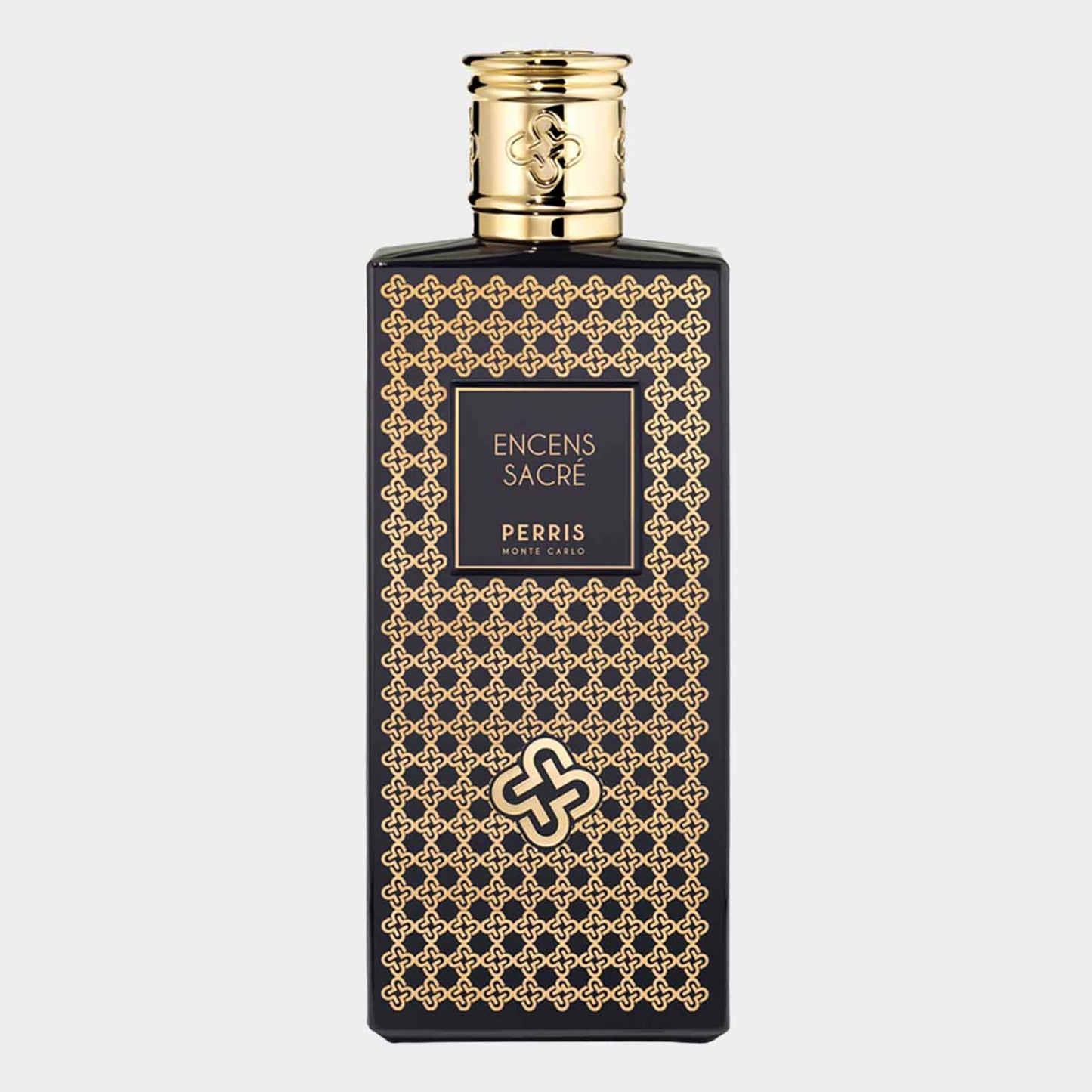 A sleek black bottle of Perris Monte Carlo Encens Sacré Sample, adorned with intricate gold patterns and a decorative emblem on the front, showcasing its luxurious design.