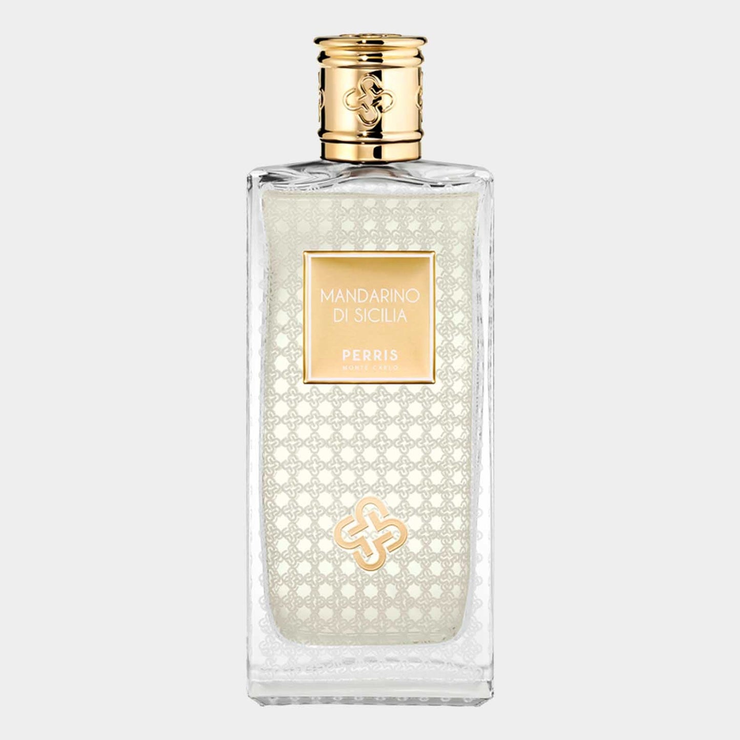 A sleek, elegant glass bottle of Perris Monte Carlo Mandarino di Sicilia Sample, featuring a textured, light green design and a gold cap. The label prominently displays the fragrance name.