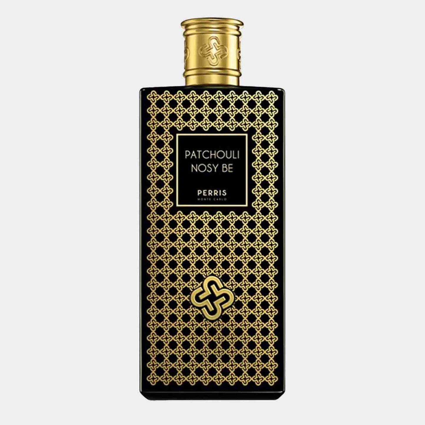 Sample bottle of Perris Monte Carlo Patchouli Nosy Be, featuring an elegant black and gold design with intricate patterns, showcasing its luxurious contents.