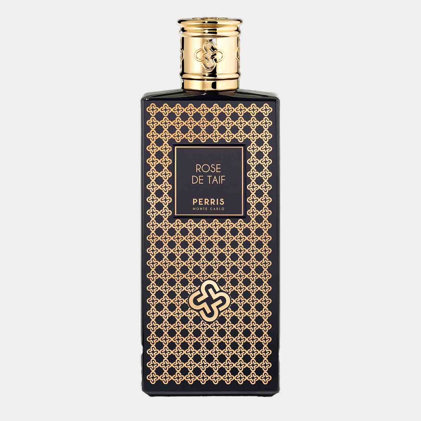 A sleek black bottle of Perris Monte Carlo Rose de Taif Sample adorned with golden geometric patterns and the fragrance name prominently displayed.