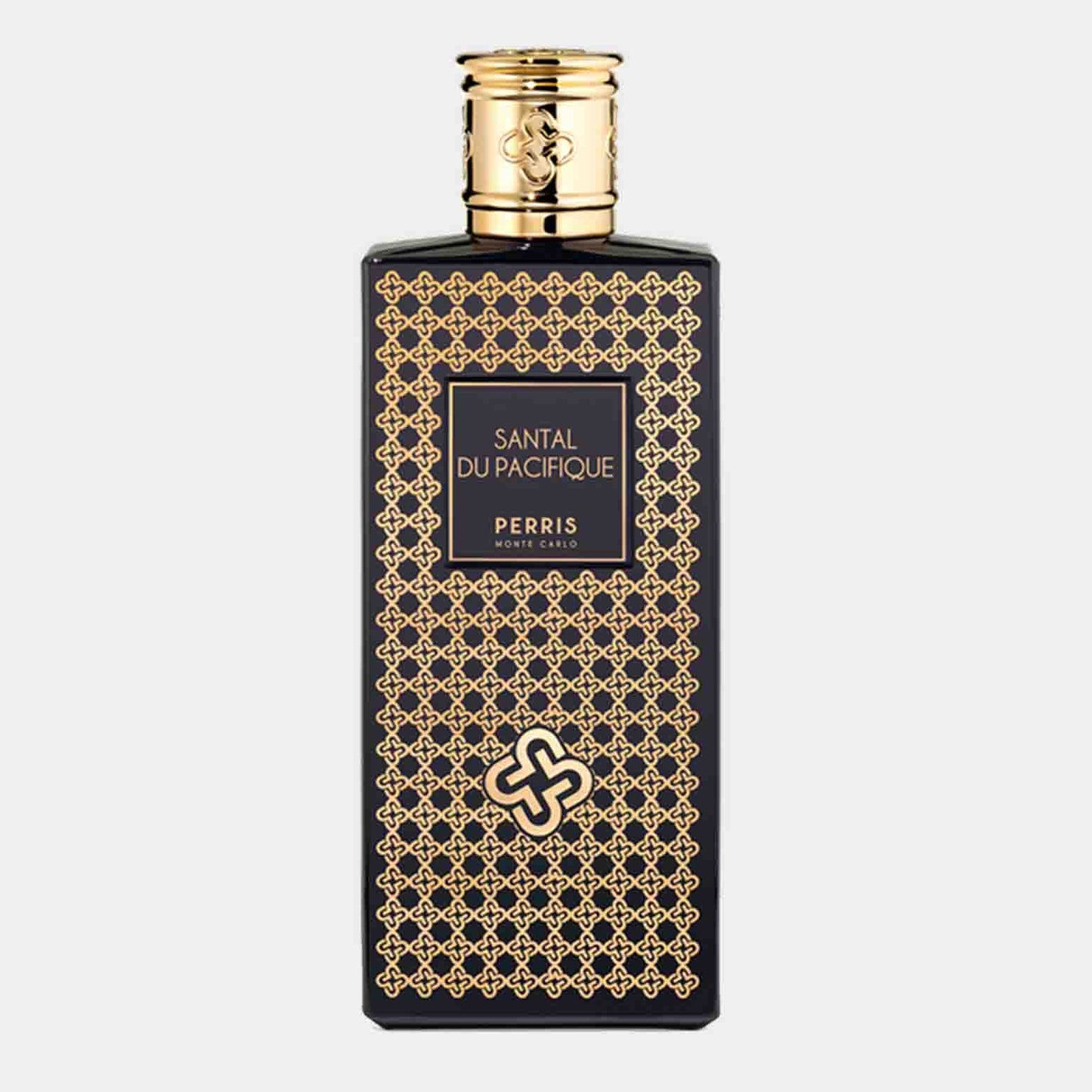 A full bottle of Perris Monte Carlo Santal Du Pacifique, featuring an elegant black design with ornate gold accents. The sophisticated bottle showcases the luxury scent within.