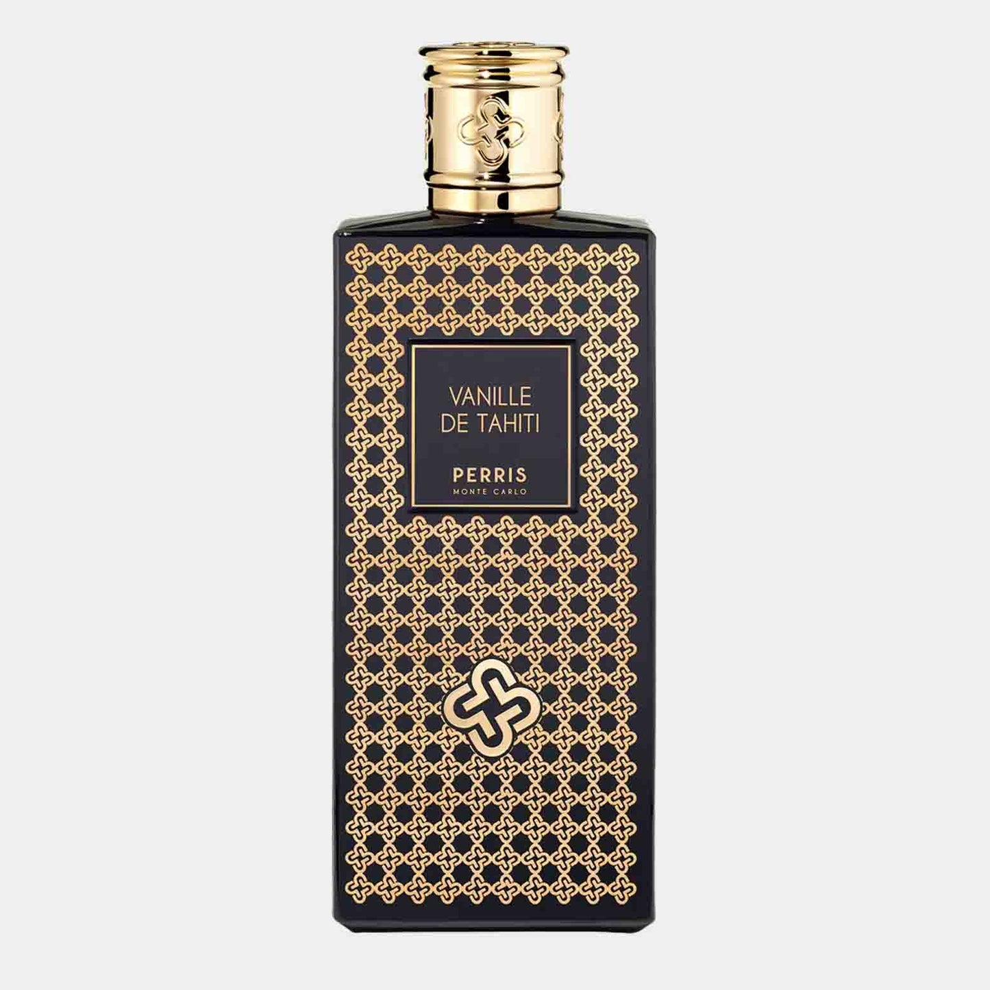 Perris Monte Carlo Vanille de Tahiti Sample, featuring an elegant black bottle with gold accents and intricate design, showcasing a luxurious fragrance.
