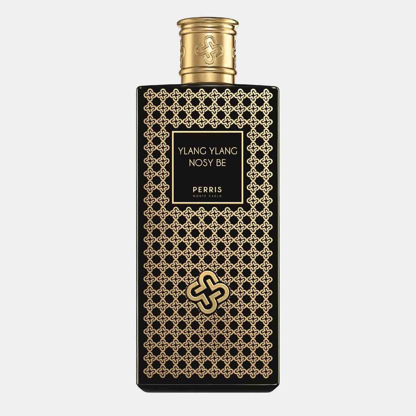 A full bottle of Perris Monte Carlo Ylang-Ylang Nosy Be, featuring an ornate black and gold design. The luxurious fragrance embodies the essence of ylang-ylang from Nosy Be.