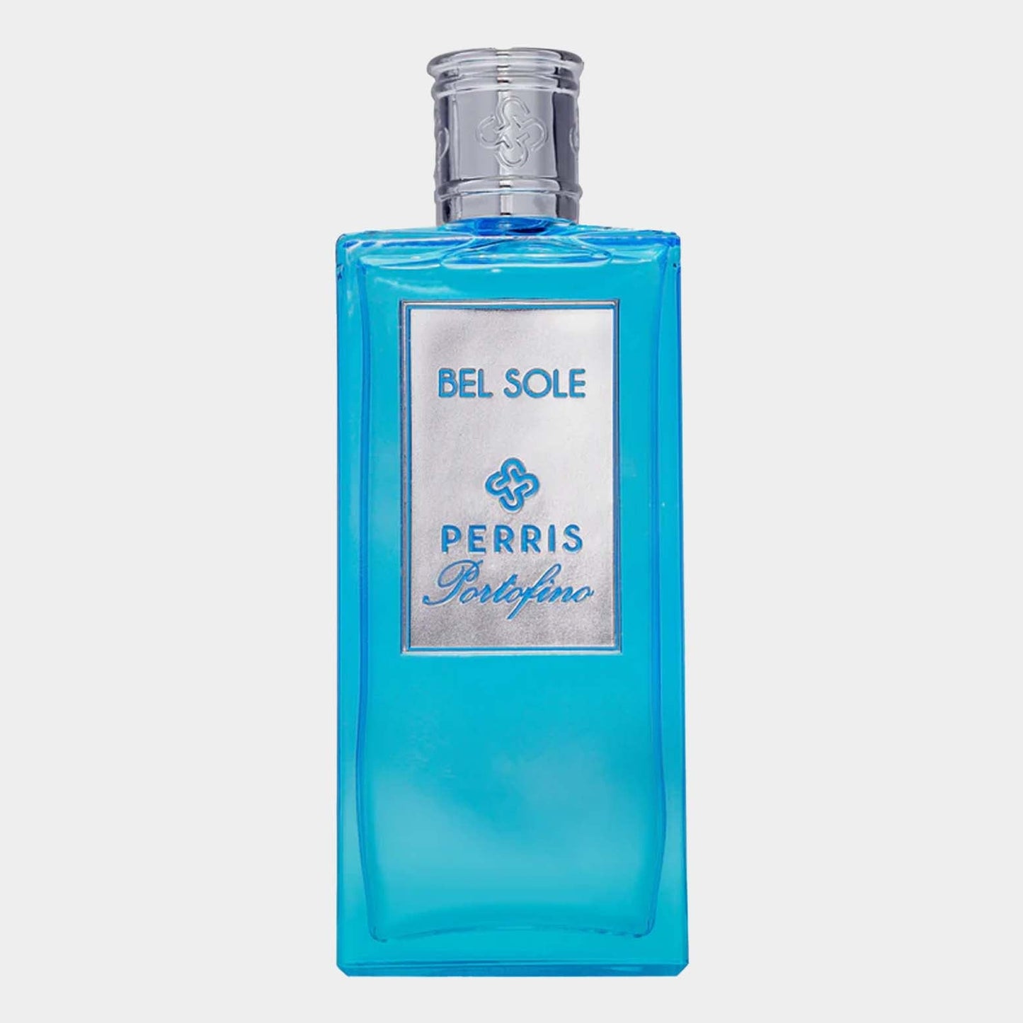 A blue glass sample bottle of Perris Portofino Bel Sole fragrance, featuring a silver label with elegant lettering. The bottle has a sleek design, highlighting its luxurious essence.