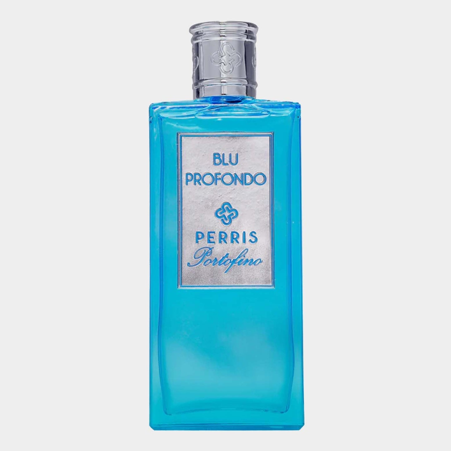 A small bottle of Perris Portofino Blu Profondo, featuring a striking blue color and a silver label with ornate text, ready for sampling.