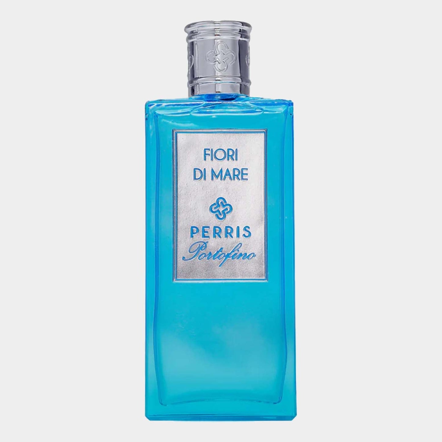 A blue glass sample bottle of Perris Portofino Fiori Di Mare perfume, featuring a silver label with the brand name and fragrance title. The design is elegant and appealing, showcasing the vibrant color of the fragrance inside.