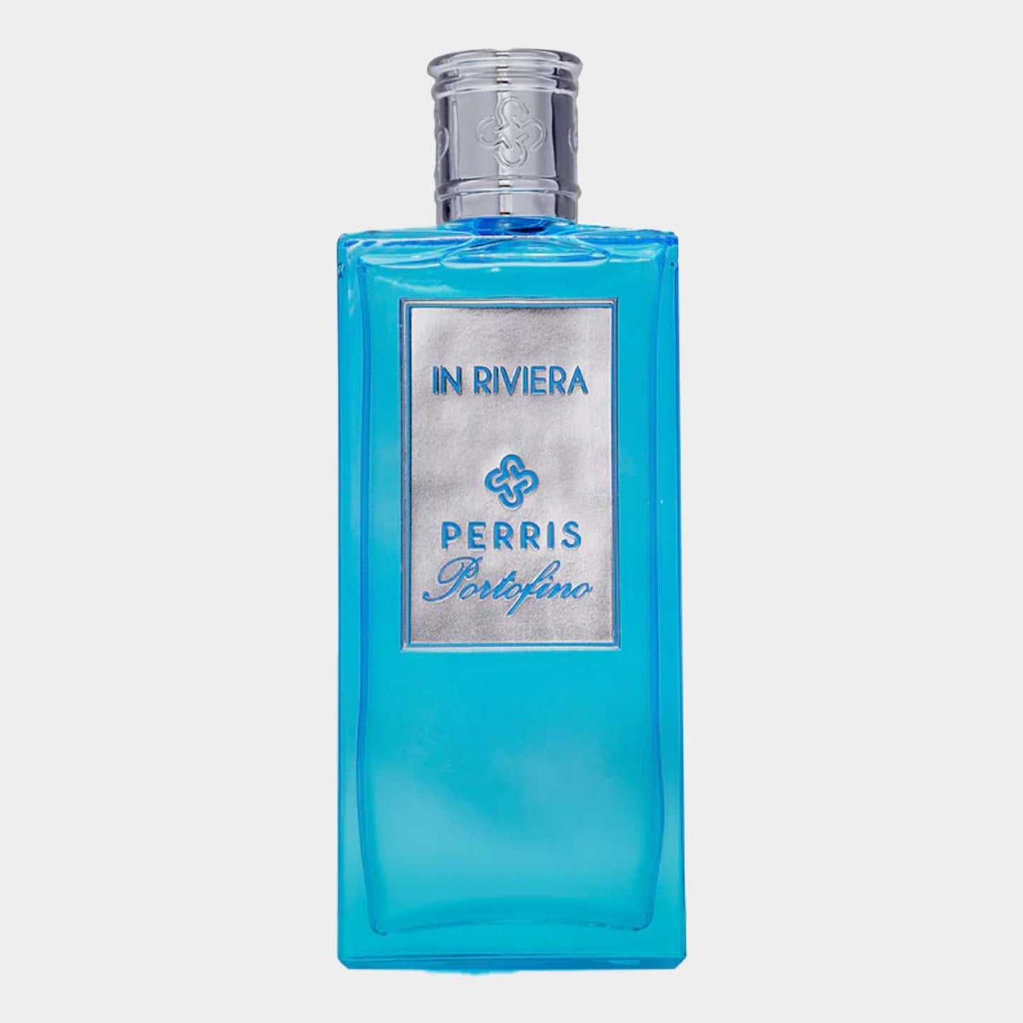 A vibrant blue fragrance bottle labeled 'Perris Portofino In Riviera Sample', featuring a sleek silver cap and an elegant design.