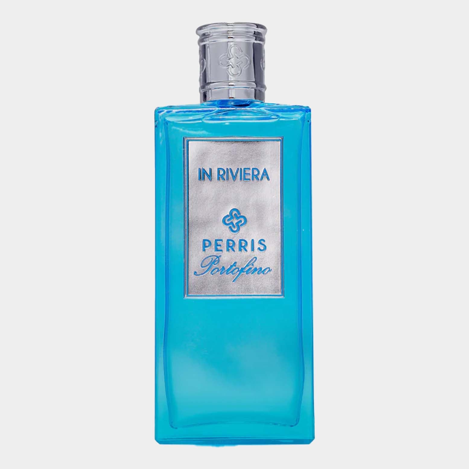A vibrant blue fragrance bottle labeled 'Perris Portofino In Riviera Sample', featuring a sleek silver cap and an elegant design.