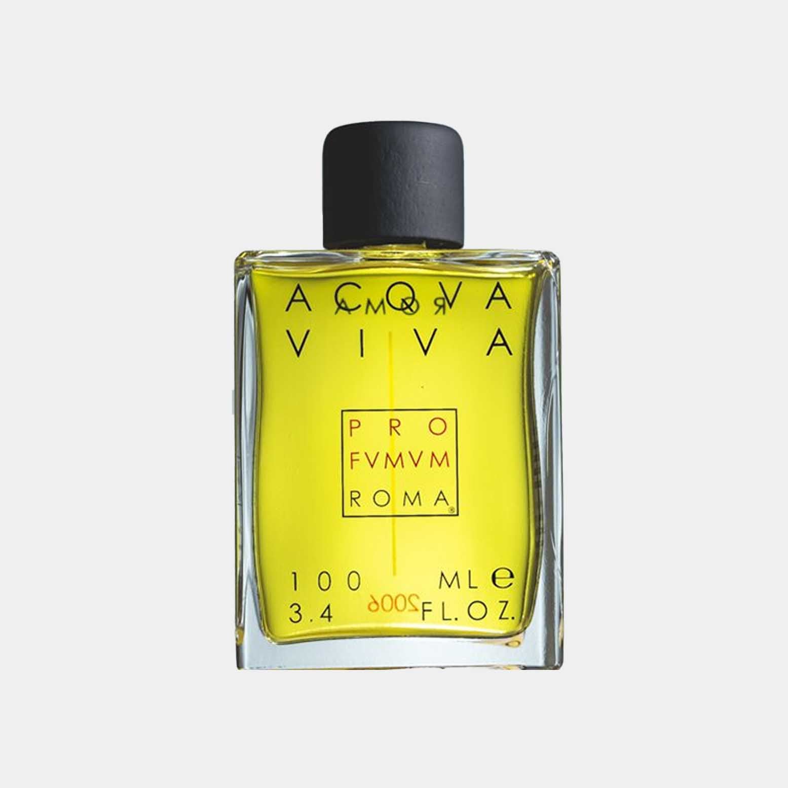 Profumum Roma Acqua Viva Sample in a rectangular glass bottle with a black cap, containing a vibrant yellow liquid, showcasing its elegant design.