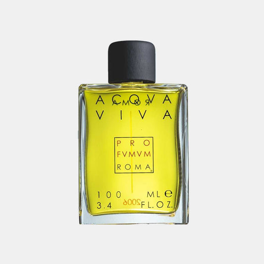 Profumum Roma Acqua Viva Sample in a rectangular glass bottle with a black cap, containing a vibrant yellow liquid, showcasing its elegant design.
