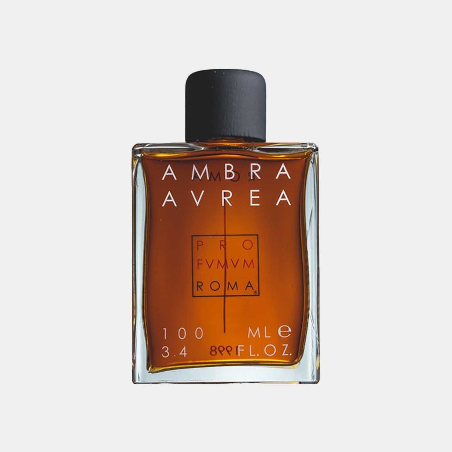 A stylish bottle of Profumum Roma Ambra Aurea sample perfume, showcasing a rich amber liquid within a rectangular glass container. The sleek design features minimalistic black and white labeling, emphasizing its luxurious scent.