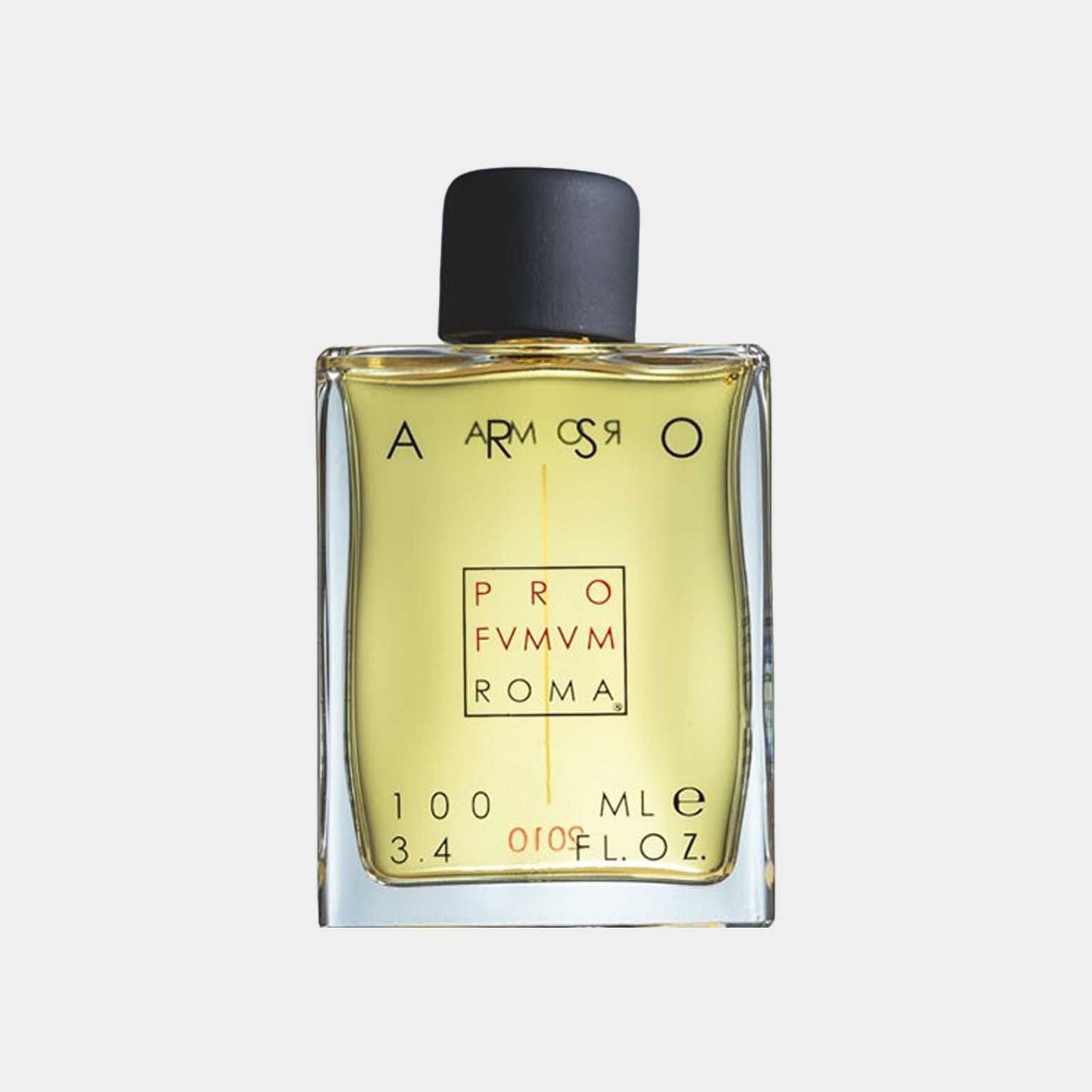 Profumum Roma Arso Sample is presented in a sleek, square glass bottle with a black cap, featuring minimalist labeling and an earthy yellow fragrance.