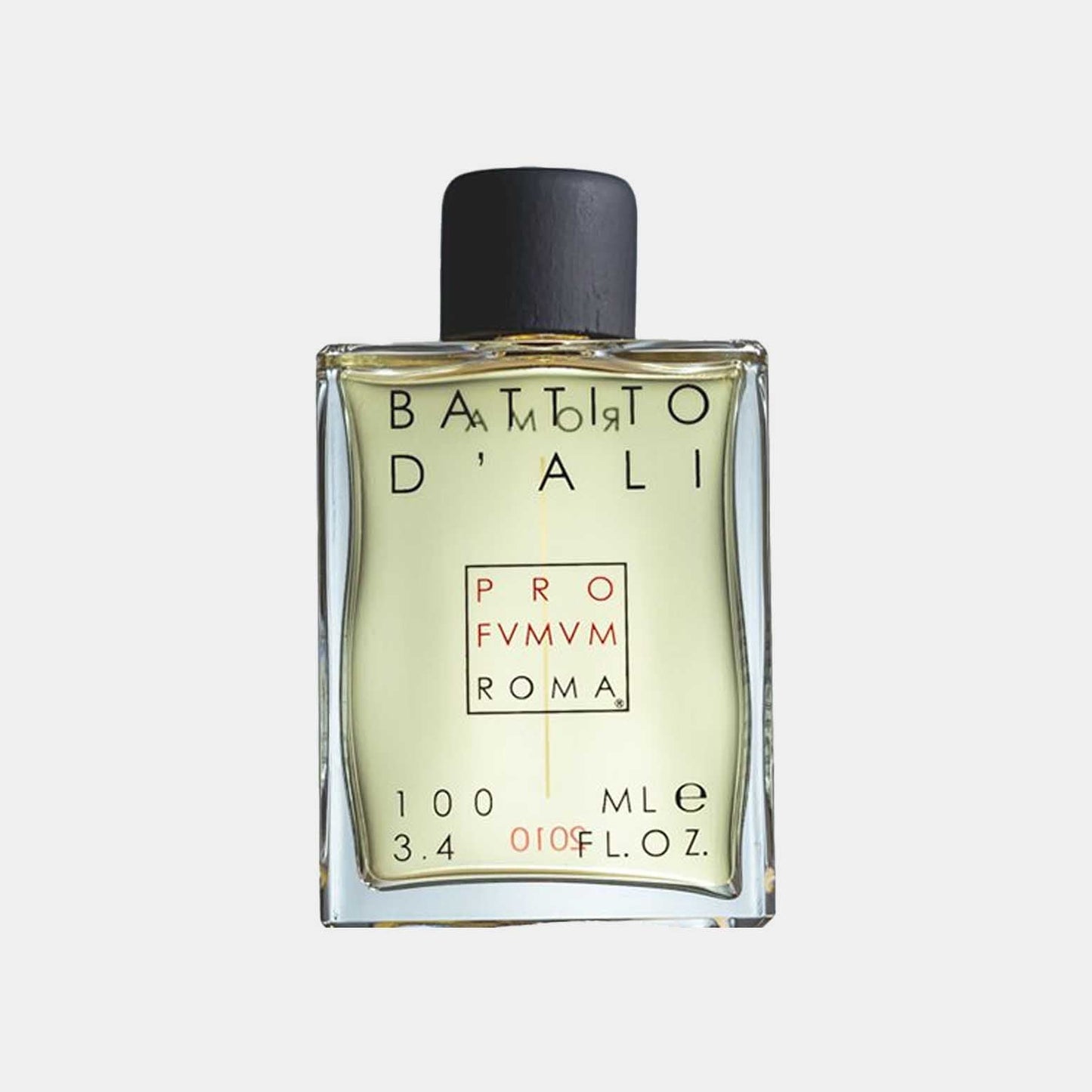 A sleek glass bottle of Profumum Roma Battito D'Ali sample, featuring minimalist black lettering and a black cap, showcasing a light yellow fragrance inside.