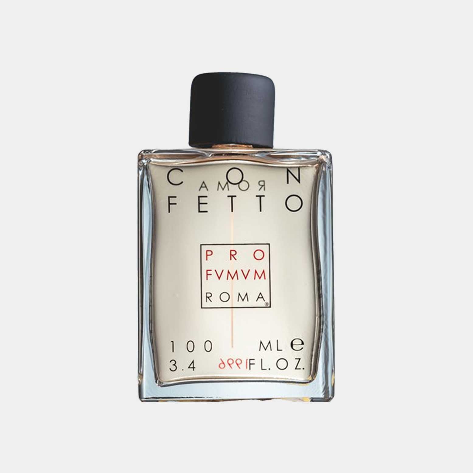A clear glass perfume bottle of Profumum Roma Confetto Sample, featuring a black cap and minimalist label design, containing 100 mL of fragrance.