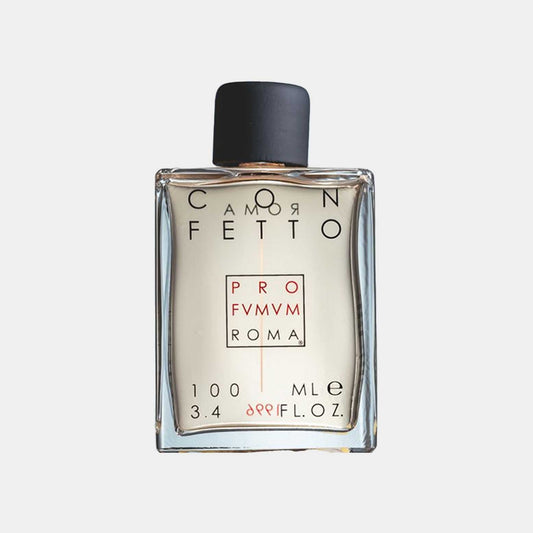 A clear glass perfume bottle of Profumum Roma Confetto Sample, featuring a black cap and minimalist label design, containing 100 mL of fragrance.