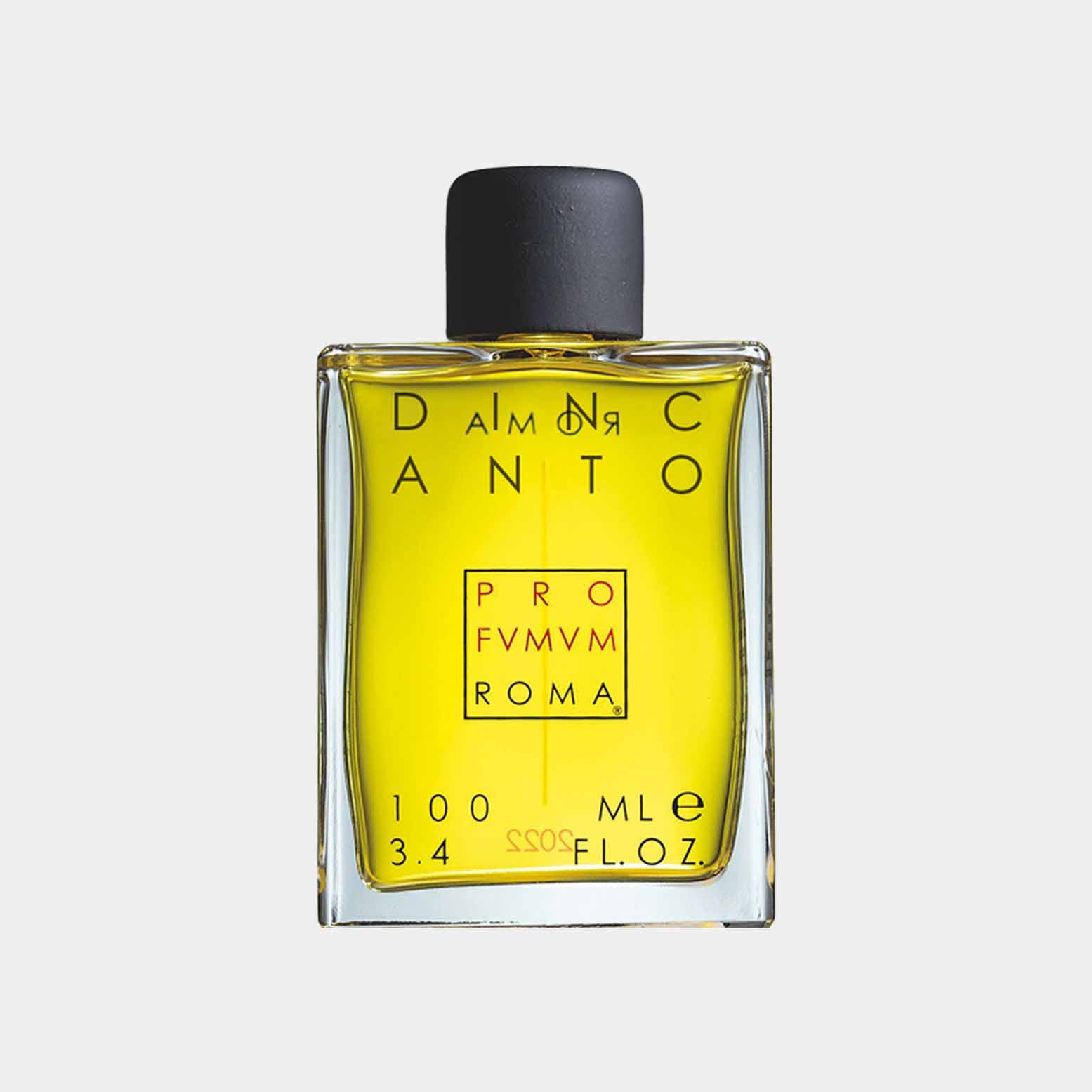 A vibrant yellow fragrance bottle labeled 'Profumum Roma Dincanto Sample', featuring a sleek, minimalist design and a black cap. The bottle holds 100 ml of the perfume.