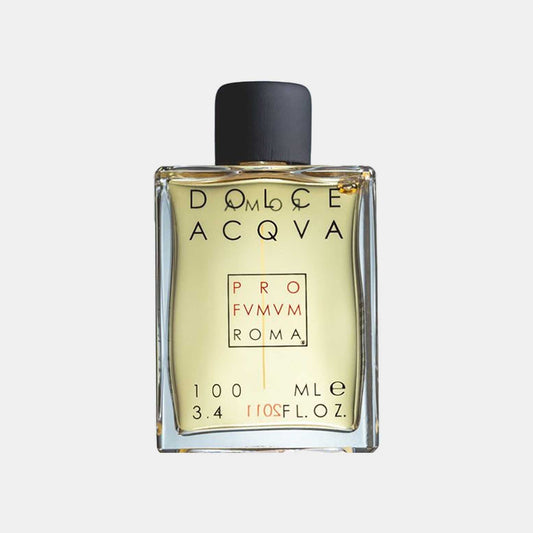 A sleek glass bottle of Profumum Roma Dolce Acqua sample fragrance, featuring an elegant design with black lettering on the front and a black cap. The bottle contains a light-colored liquid, indicative of its fresh scent.