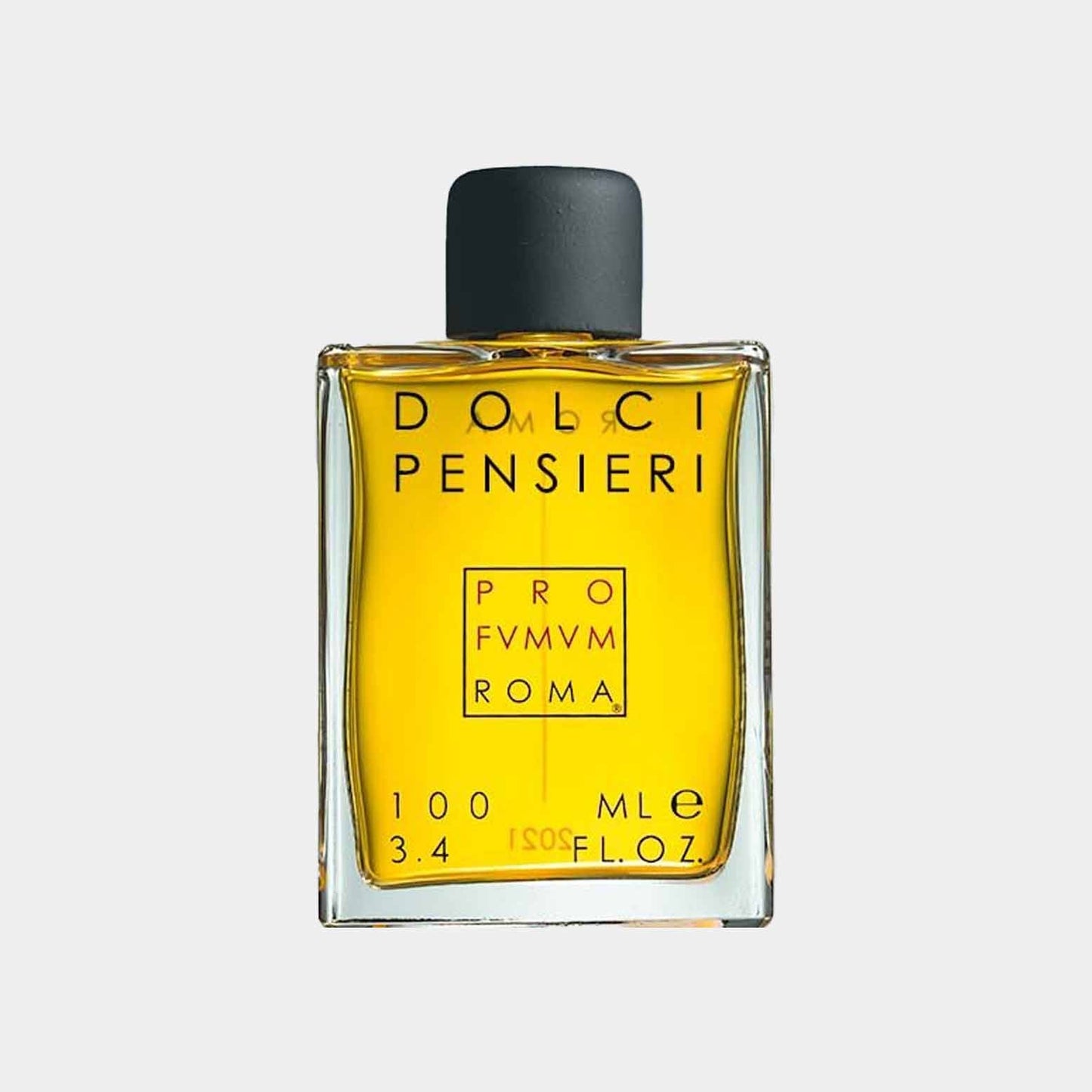 Sample bottle of Profumum Roma Dolci Pensieri, featuring a sleek square design with a black cap, containing a golden yellow fragrance.